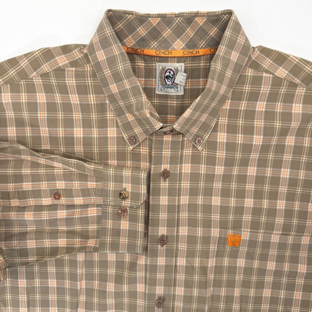 Cinch Button Down Shirt Mens XL Brown Orange Plaid Western Long Sleeve Logo